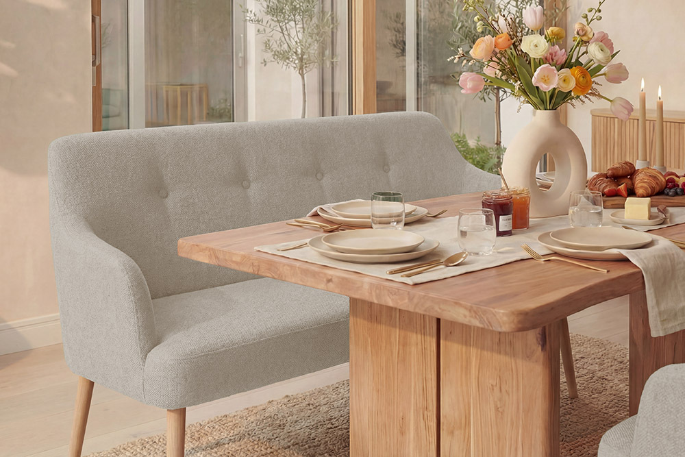 Nordische Sitzbank SCANDINAVIA MEISTERSTÜCK 115cm beige natur Massivholz mit Armlehne