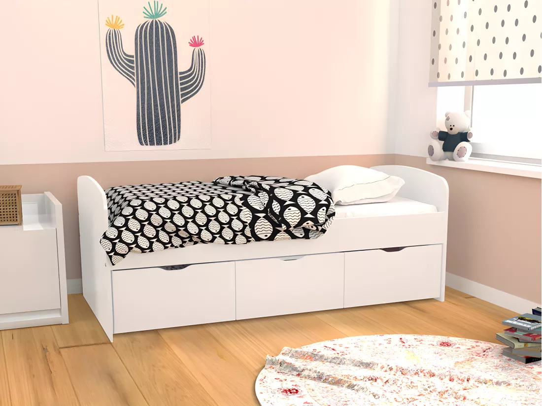 Lit LOUANE avec 2 tiroirs et 1 coffre de rangement - 90 x 190 cm - Blanc + Matelas