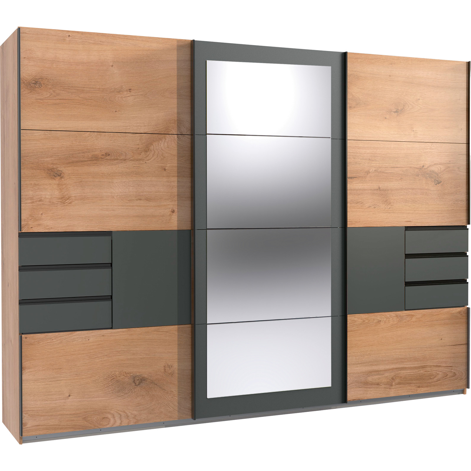 Schwebetürenschrank Minden Dekor Plankeneiche graphit 270 x 210 x 65 cm, mit Spiegel