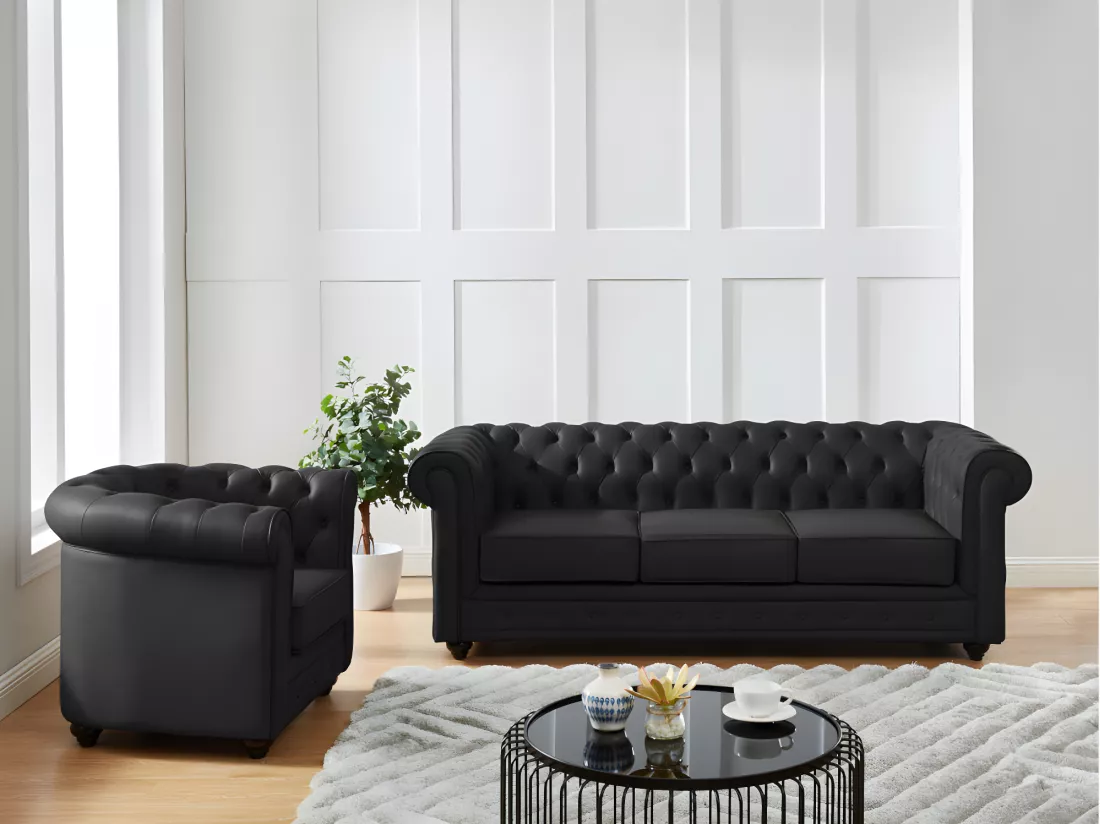 Canapé 3 places et fauteuil en cuir de buffle CHESTERFIELD - Noir