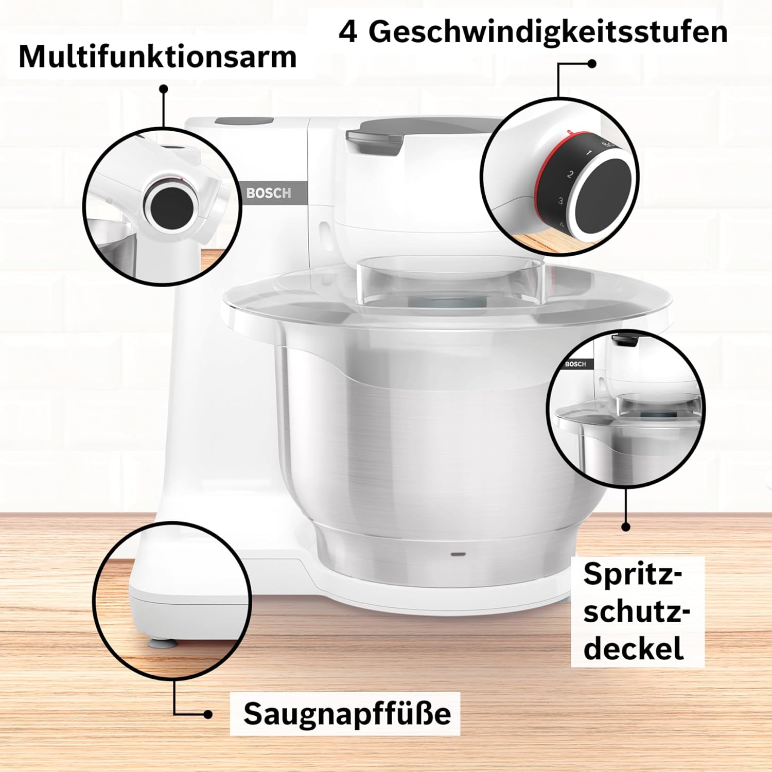 Bosch Küchenmaschine Serie 2, kleine Küchenmaschine, Edelstahl-Schüssel 3,8 L, Knethaken, Schlag-, Rührbesen spülmaschinenfest, 4 Arbeitsstufen, 700W, weiß, MUMS2EW00