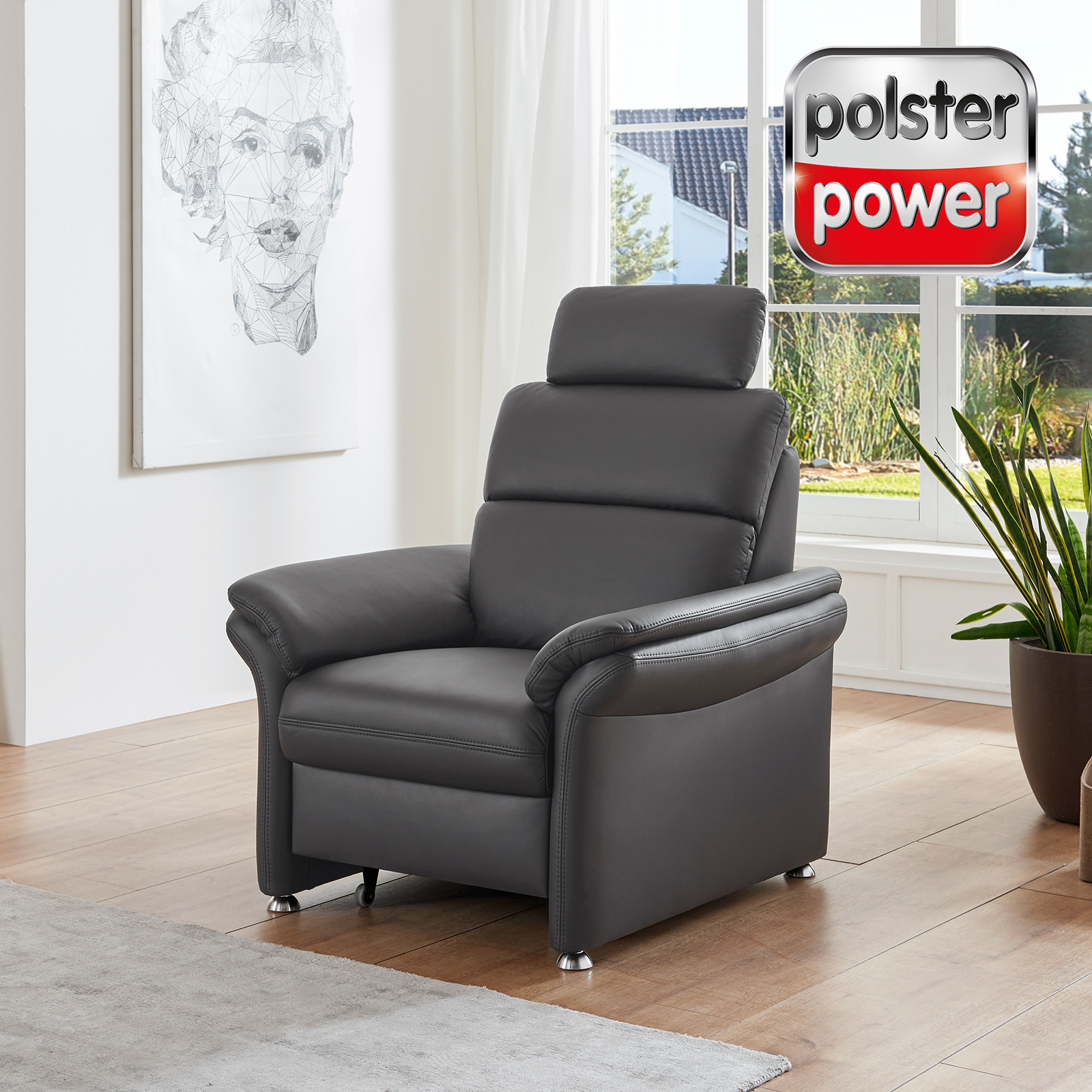 polsterpower Ledersessel - schwarz - mit ausziehbarem Hocker