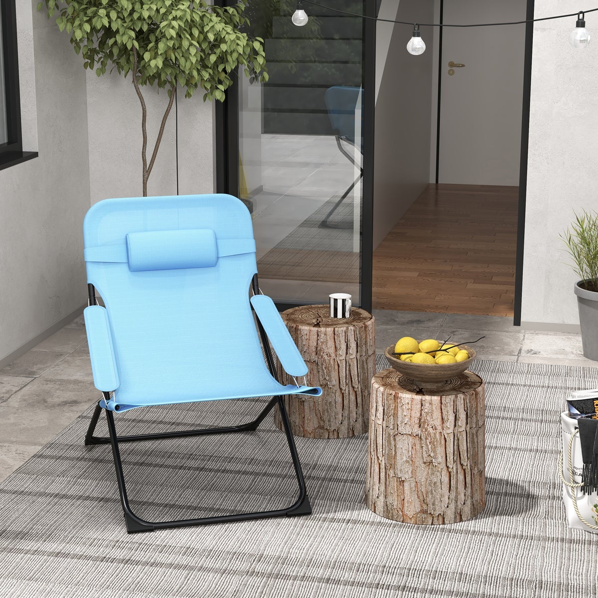 Outsunny Vouwstoel, Tuinstoel met Verstelbare Rugleuning en Hoofdsteun, Draagt tot 120 kg, 69L x 91B x 96H cm, Mesh, Blauw
