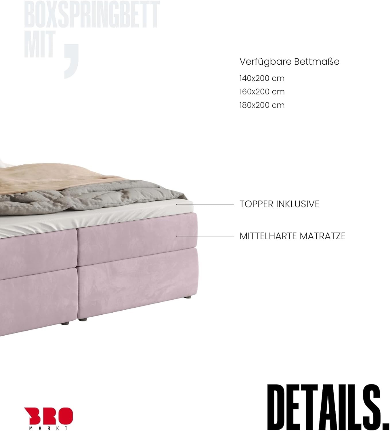 BROMARKT Boxspringbett mit Bonell Matratze Härtegrad H3 140x200cm Polsterbett mit Bettkasten Doppelbett mit Topper gepolsterte Kopfstütze Bett für Schlafzimmer Denver Puderrosa