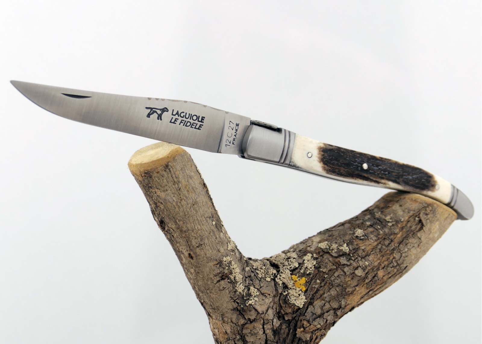 Couteau Laguiole avec un manche en bois de cerf et 2 mitres en acier inoxydable