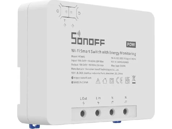 Sonoff POWR3, Intelligent kontakt, Hvid, 100 - 240 V, 50 / 60 Hz, 25 A, 162 mm