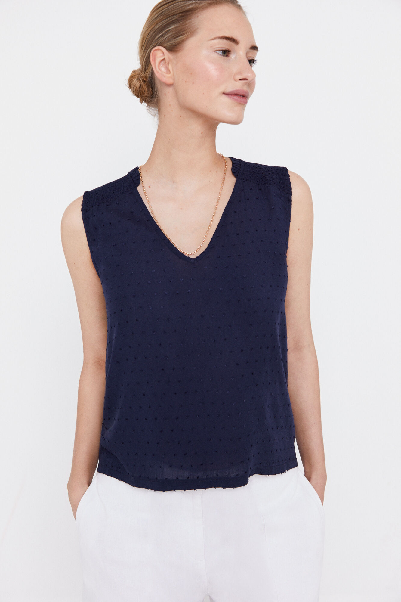 Top franzido combinado - Azul marinho