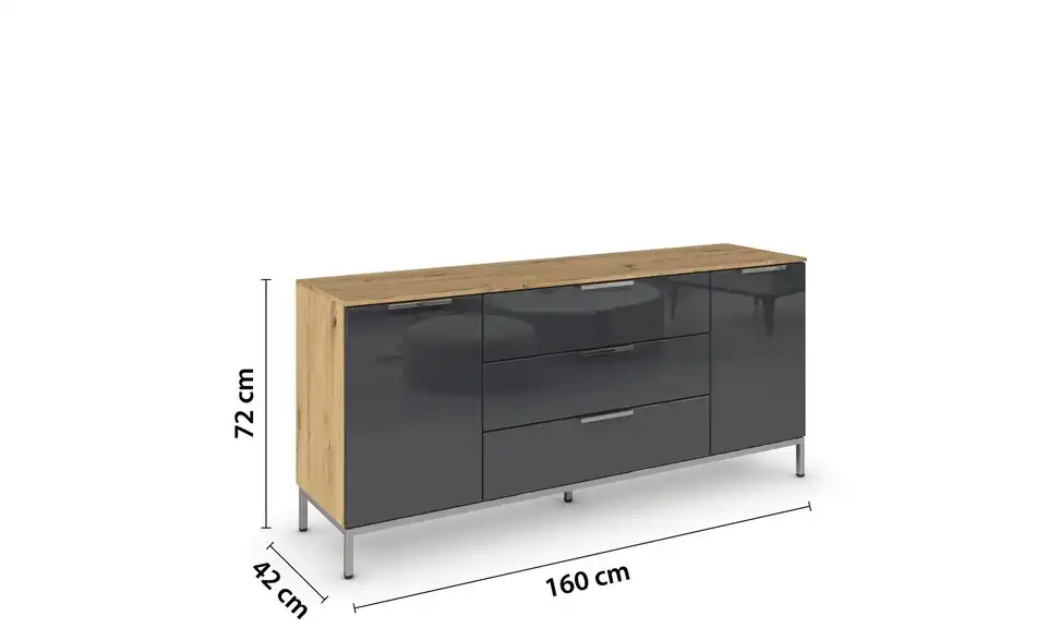 Sideboard Basaltgrau, Eiche Artisan (Nachbildung) Front: Glas, Oberboden: Dekor verchromt