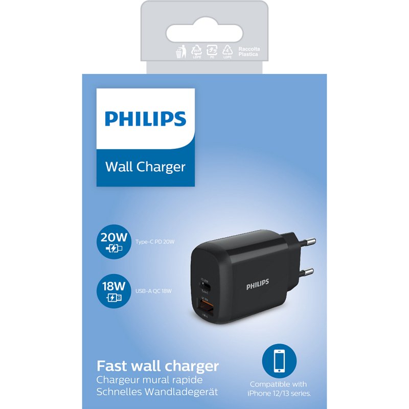 Philips Chargeur secteur 18W 1 port USB-Type C et 1 USB-A
