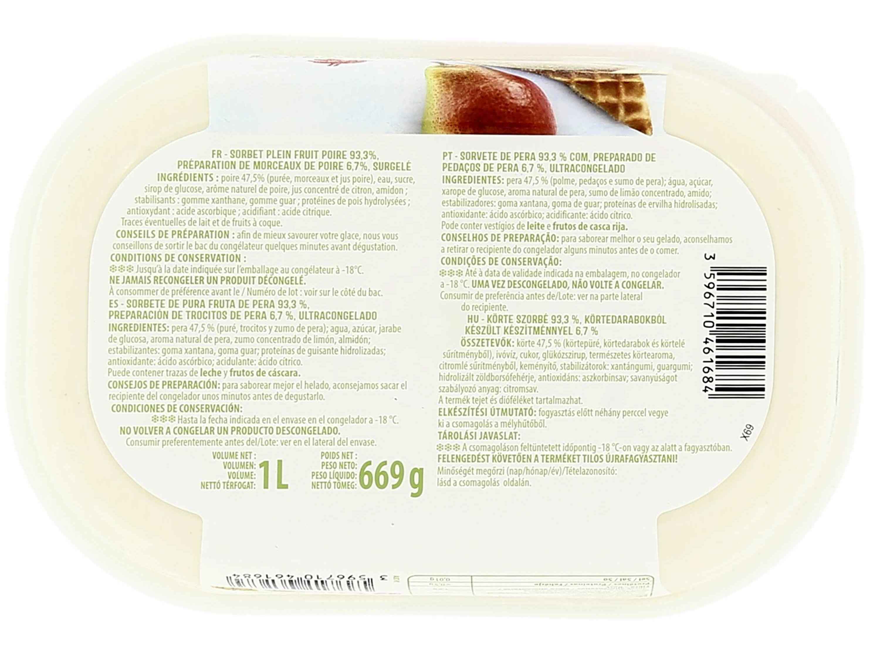 SORBET AUCHAN PERA COM PEDAÇOS 1L