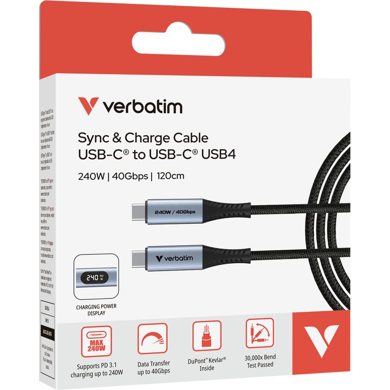 Verbatim 31849 câble USB USB4 Gen 2x2 1,2 m USB C 40 Gbit/s 240 W Noir
