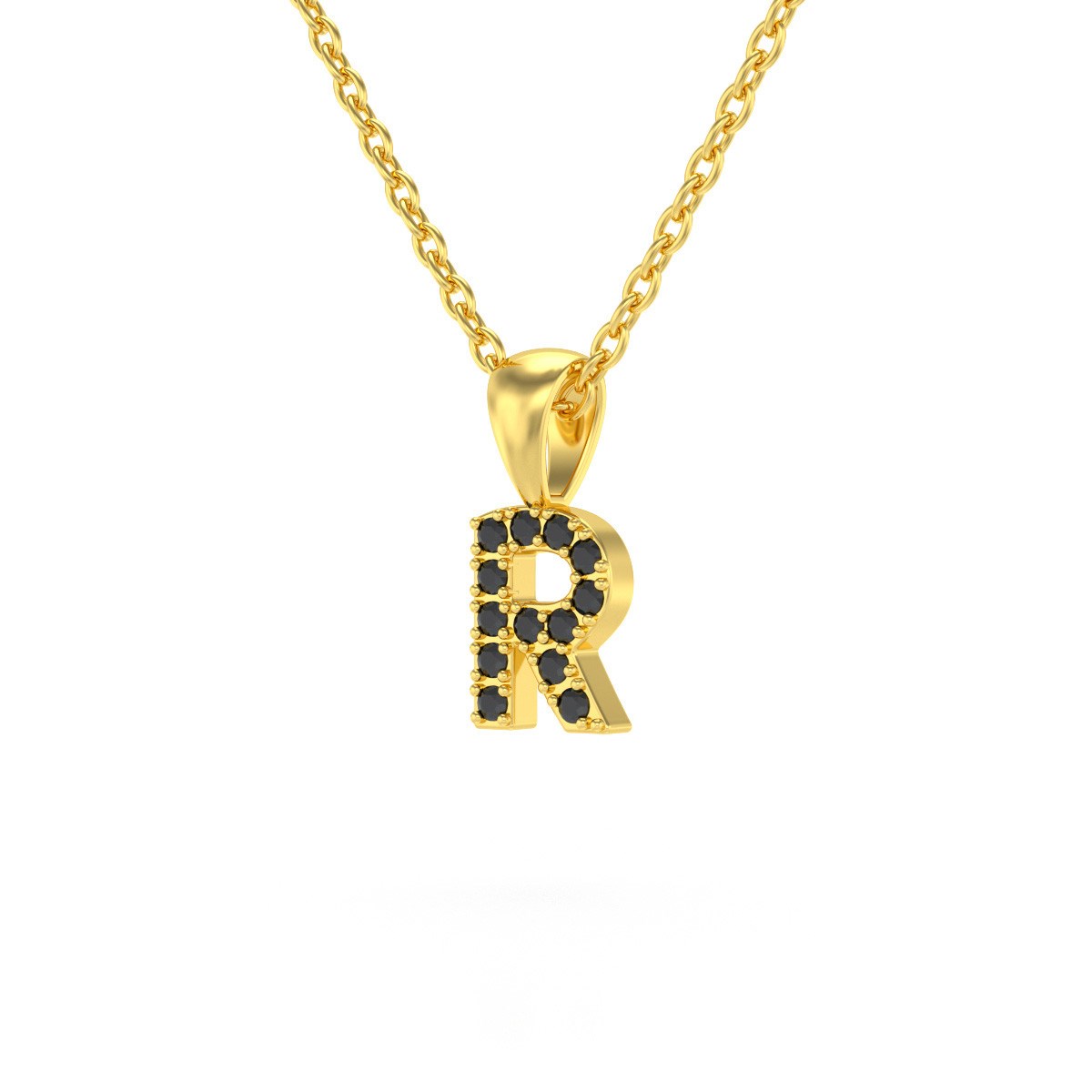 Collier Pendentif ADEN Lettre R Or 750 Jaune Diamant Noir Chaine Or 750 incluse 0.72grs
