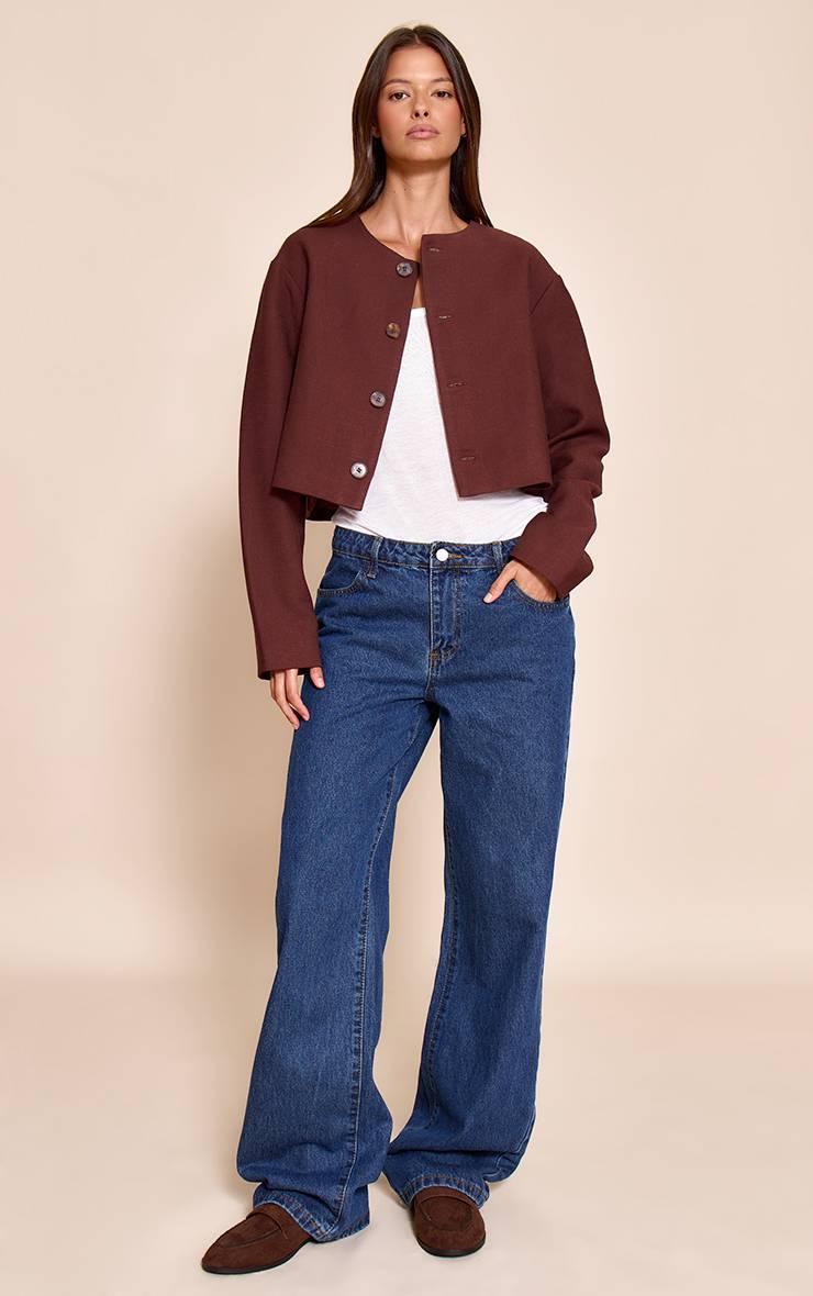Chocolat Veste Ample Boutonnée Aspect Lin