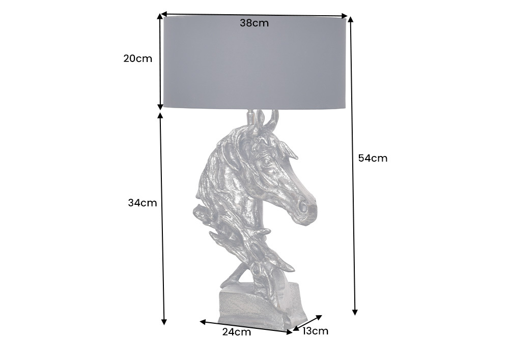 Handgearbeitete Tischlampe CABALLO 60cm silber schwarz Metall Baumwolle Pferde-Skulptur