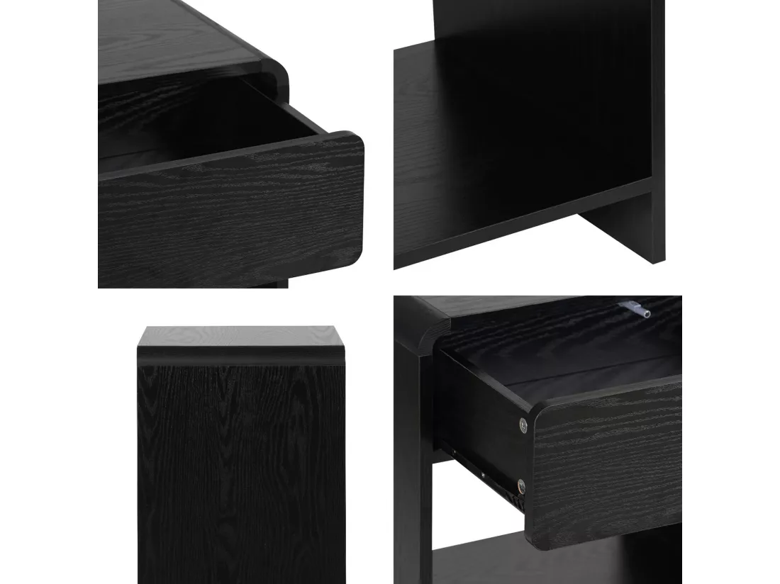 Lot de 2 tables de chevet contemporaines noires au design arrondi. avec 1 tiroir et 1 étagère pratique