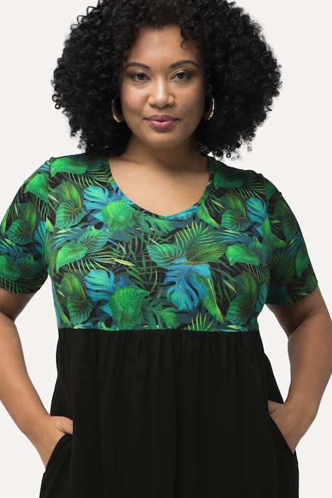 Jerseykleid, Blätter, A-Linie, V-Ausschnitt, Halbarm