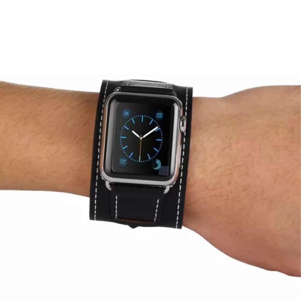 Apple Watch (49/46/45/44 mm) Modisches Manschetten Ersatz Echtleder Armband - Schwarz