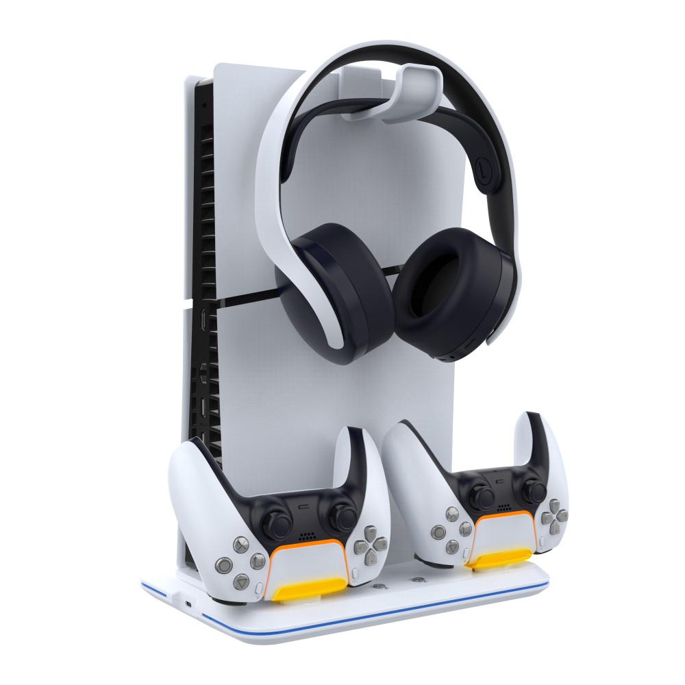 Sony PlayStation PS5 Slim Halterung mit Lüfter und 2x Controller Dual Ladestation   3x USB A Anschluss / Headset Halterung und RGB - Weiss