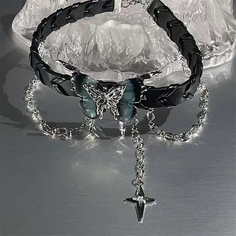 Lilafey - Vlinderster gelaagde legering imitatieleren choker