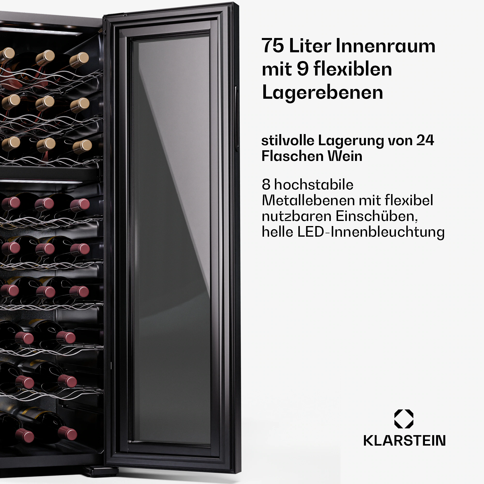 Shiraz 24 Duo Weinkühlschrank 2 Zonen 75L/24 Flaschen 5-18 °C Touch Schwarz 24 Flaschen 2 Kühlzonen