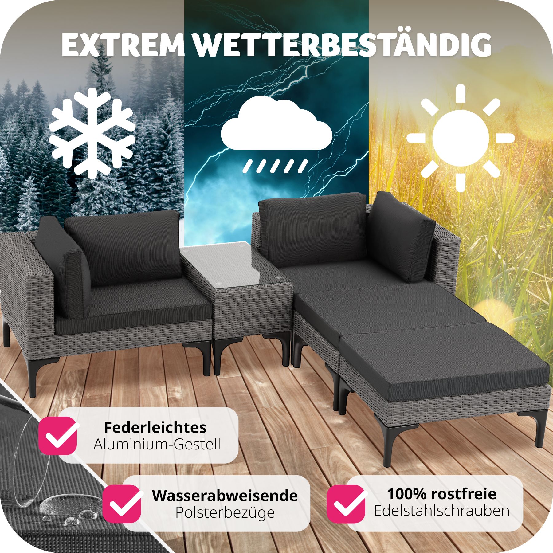 tectake® Rattan Lounge, mit Aluminiumgestell, wetterfest und UV-beständig, mit Sicherheitsglasplatte