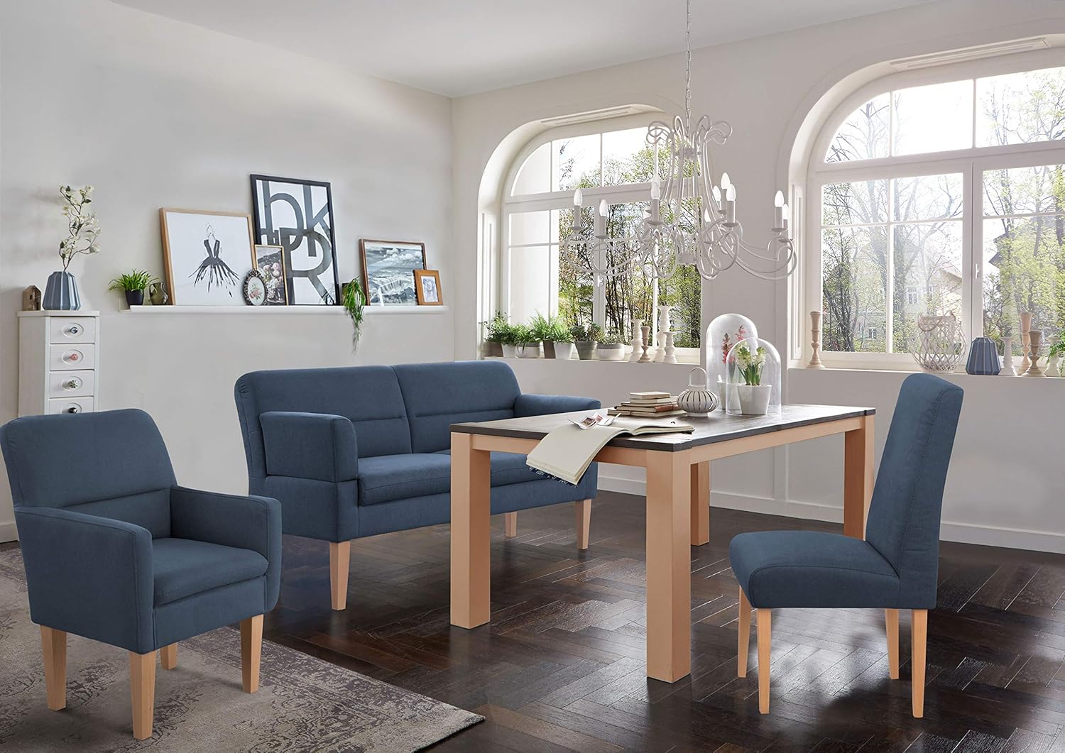 CAVADORE 2,5-Sitzer Küchensofa Kira / Sitzbank für Küche, Esszimmer oder Wohnküche inkl. Armteilverstellung / Leichte Fleckenentfernung dank Soft Clean / 168 x 94 x 81 / Flachgewebe: Blau