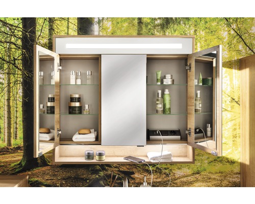 FACKELMANN Natura spiegelkast, 93,5 x 15,5 x 84 cm, eikenhout, 3-deurs, LED, IP20