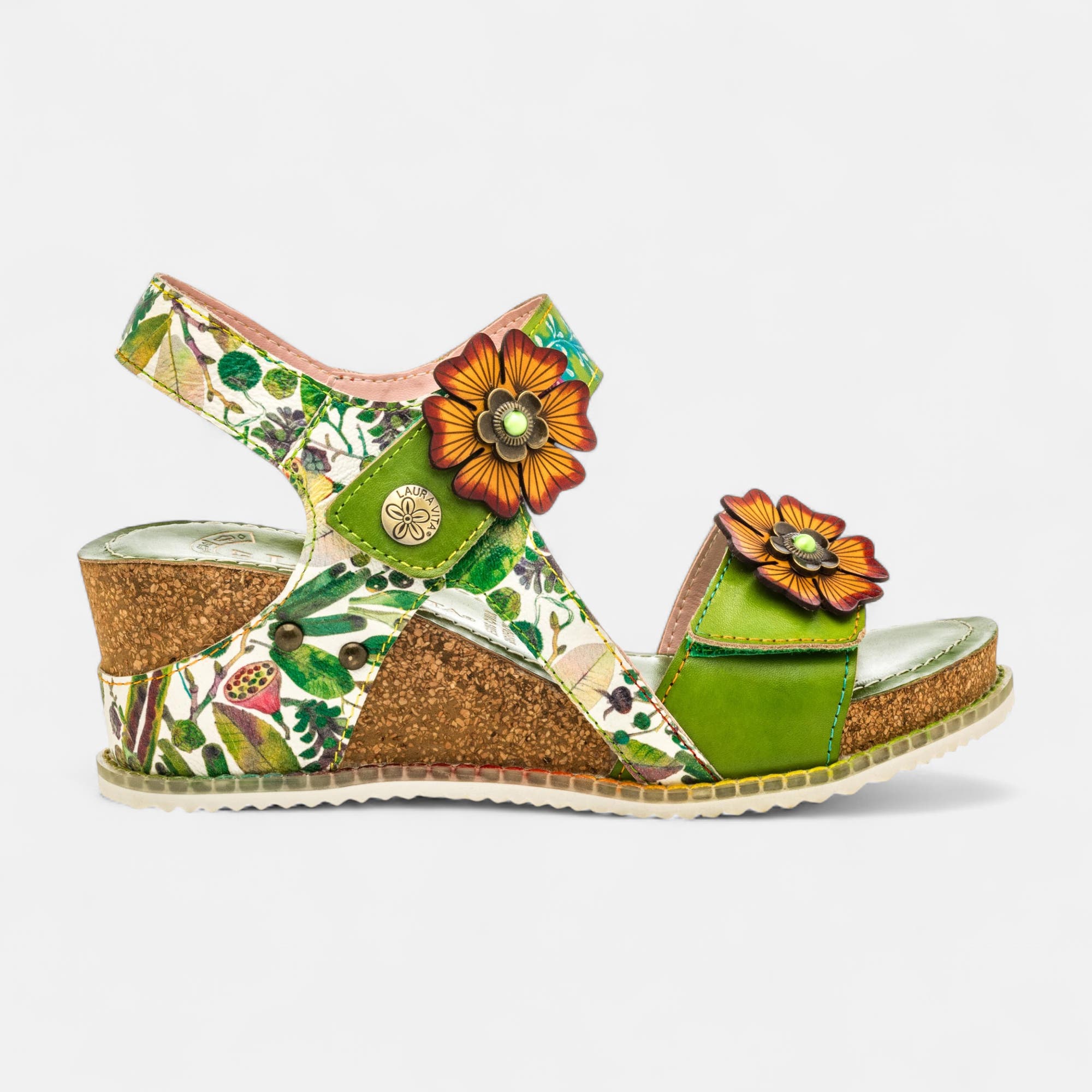 Sandales à talon compensé Femme en cuir vert