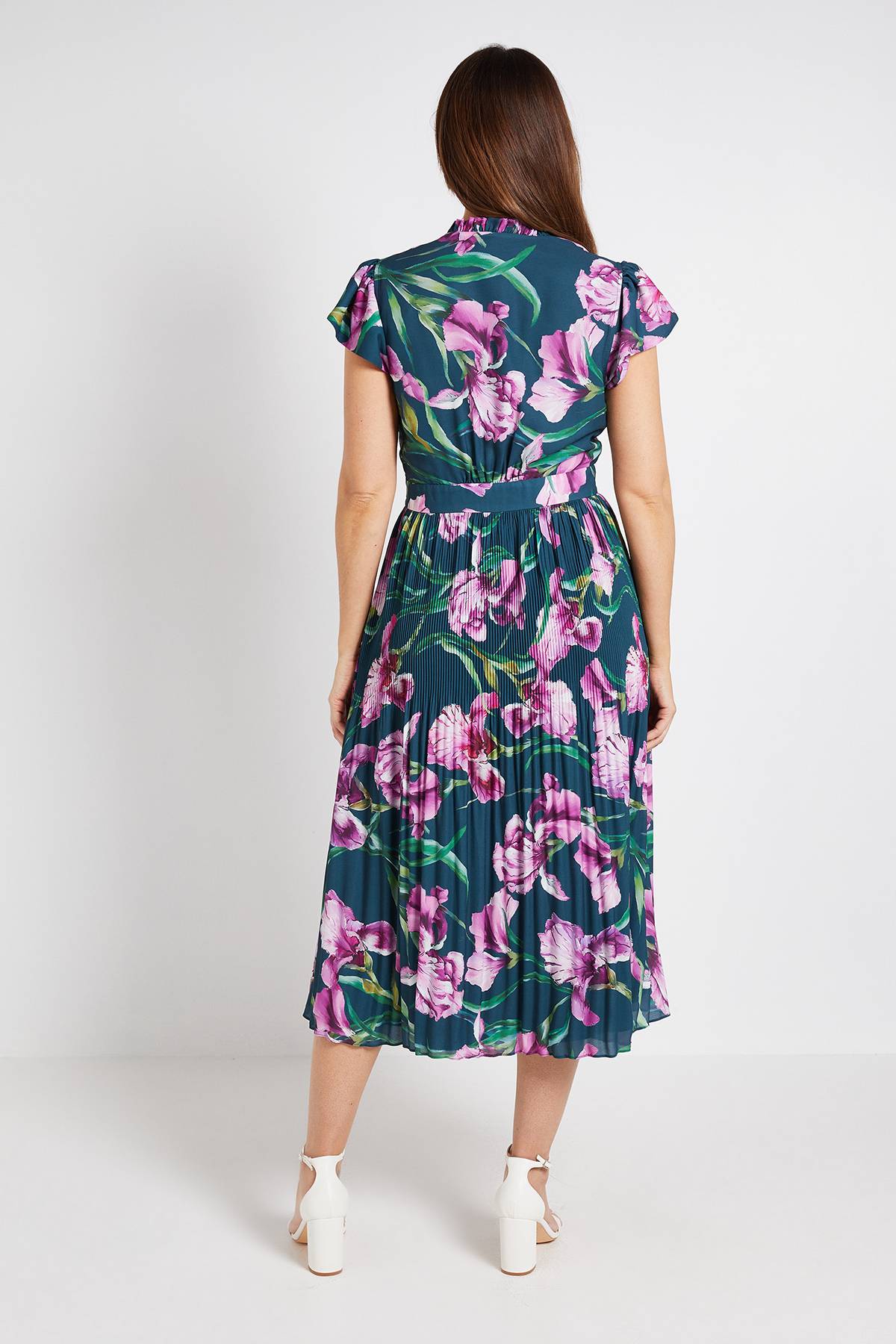 Wallis Robe Midi Plissée À Col Volants Et Motif Floral