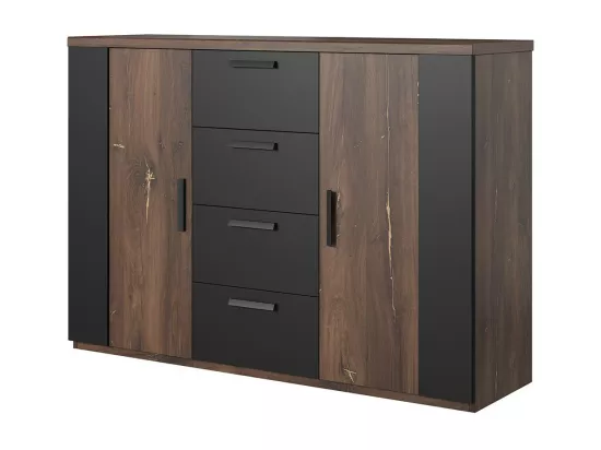 Chambre complète FOX – Armoire 200 cm, Lit 160x200 sommier inclus, Commode, Chevets – Chêne foncé