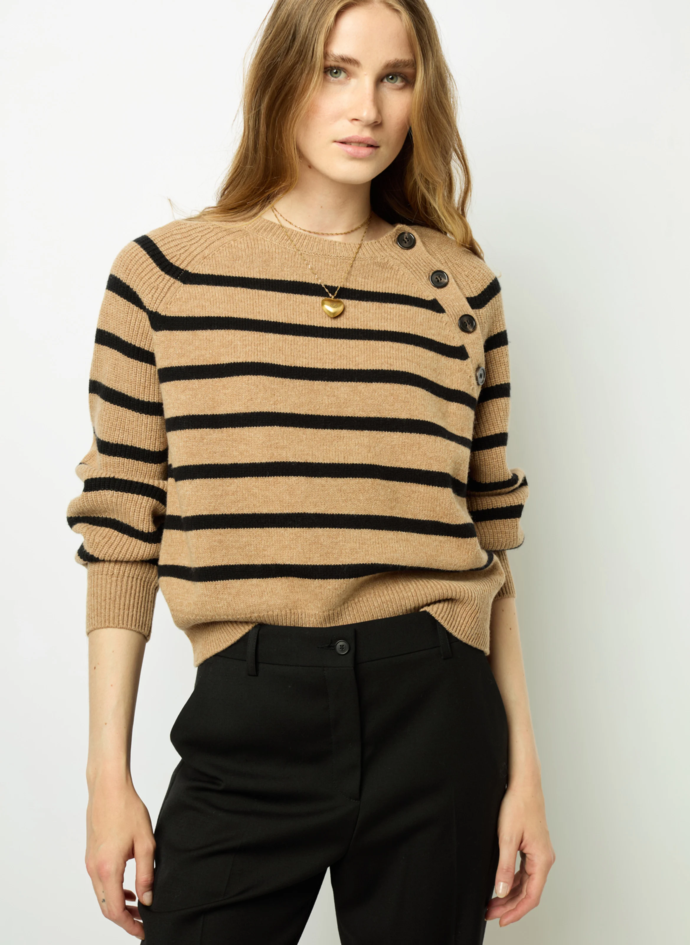 JENNA - Pull droit rayé en laine | Marron
