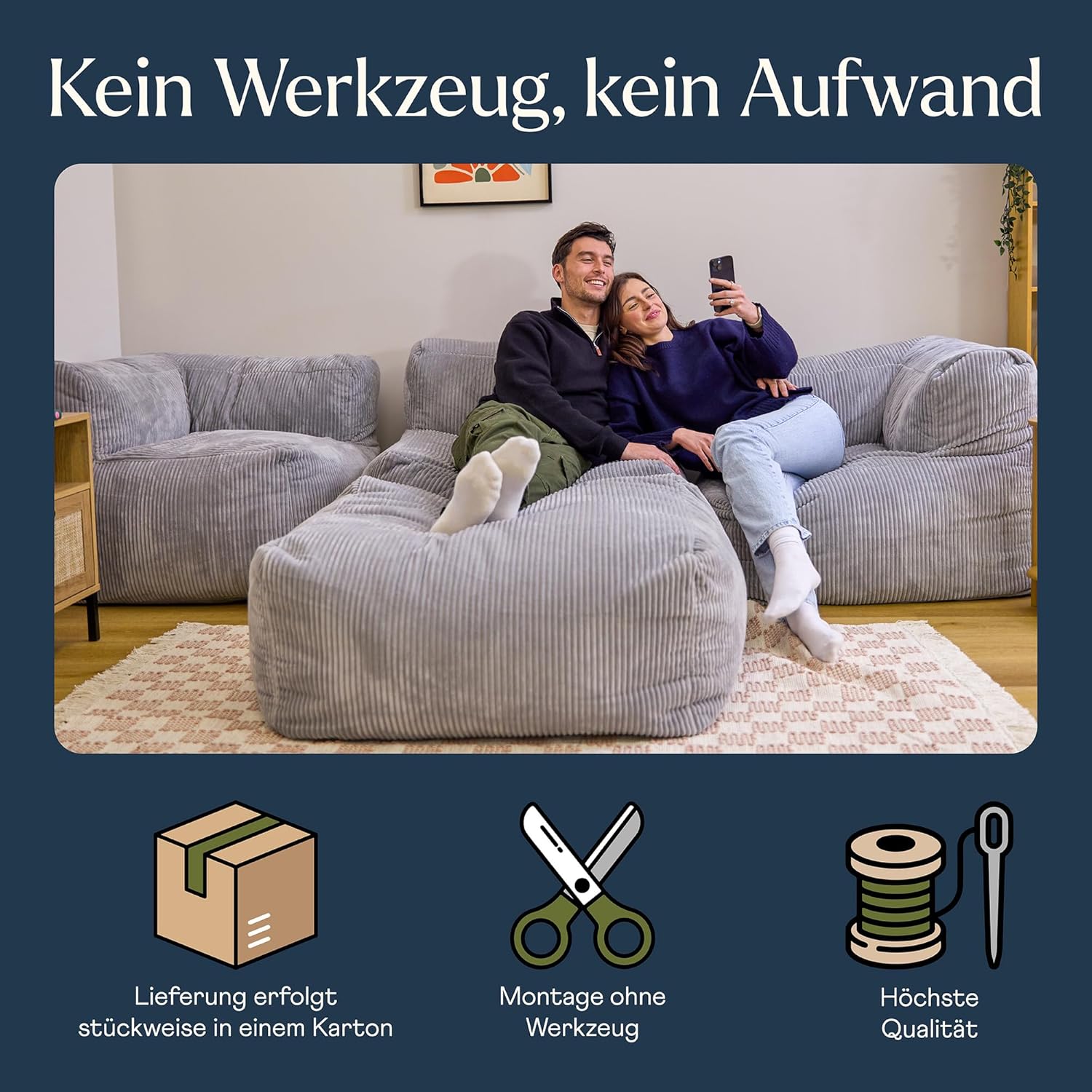 Icon Zen Modular Sofa für Erwachsene, Grau, Flauschiger Cordstoff, 3 Sitzer Ecksofa, Bequemer Bean Bag Sofa mit Schaumstoff Füllung, Relaxsessel, Lounge, Wohnzimmer Möbel