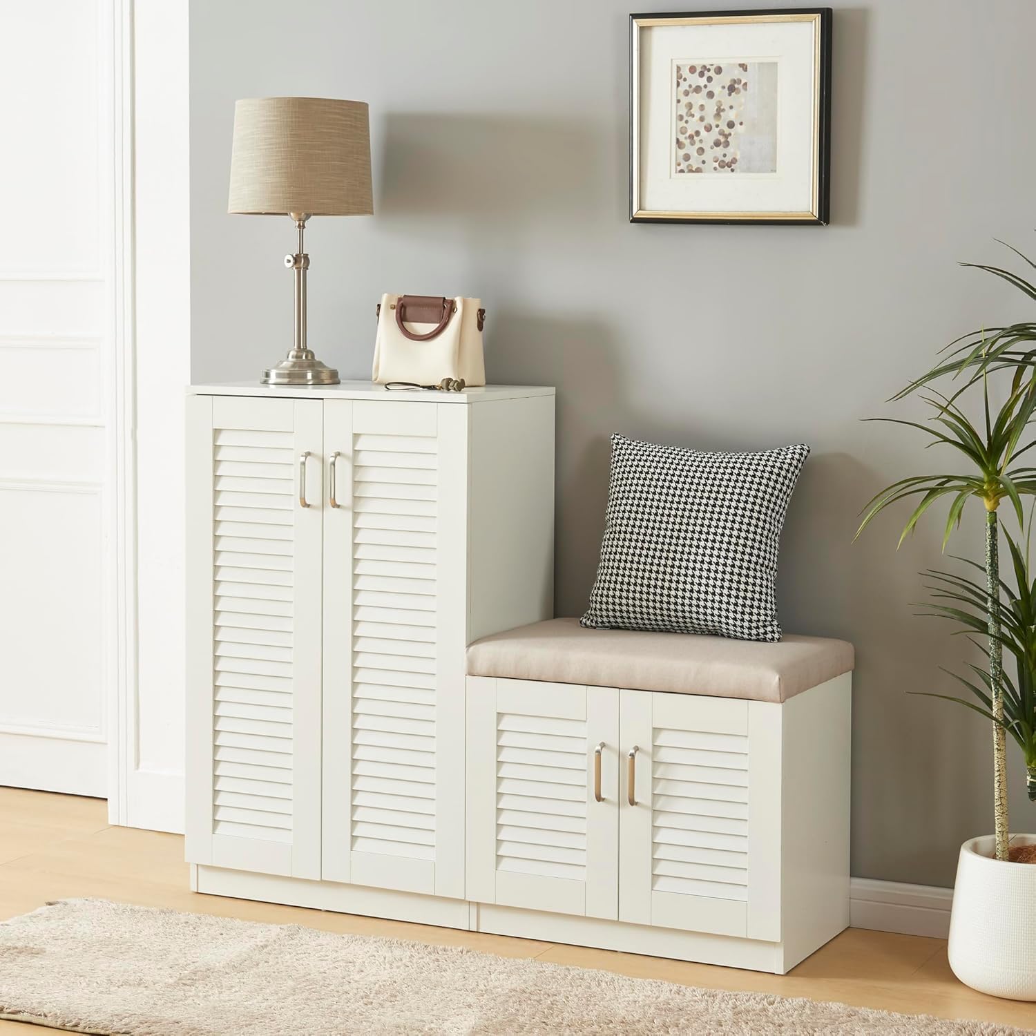 [en.casa] Schuhschrank Løten Schuhregal mit 4 Türen und 9 Ablagen Schuhablage 120 x 36 x 97 cm bis zu 18 Paar Schuhe mit gepolsterter Sitzbank Schuhaufbewahrung Weiß