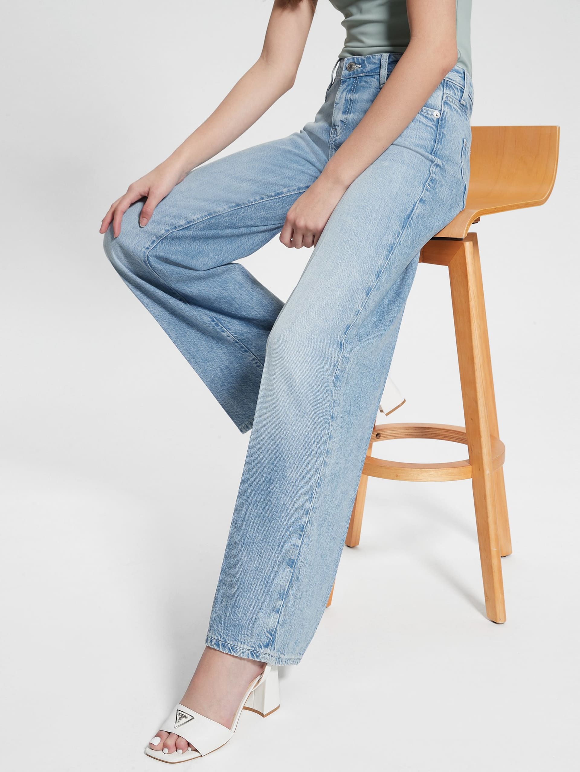 Calça jeans palazzo ecológica de cintura média e peso leve