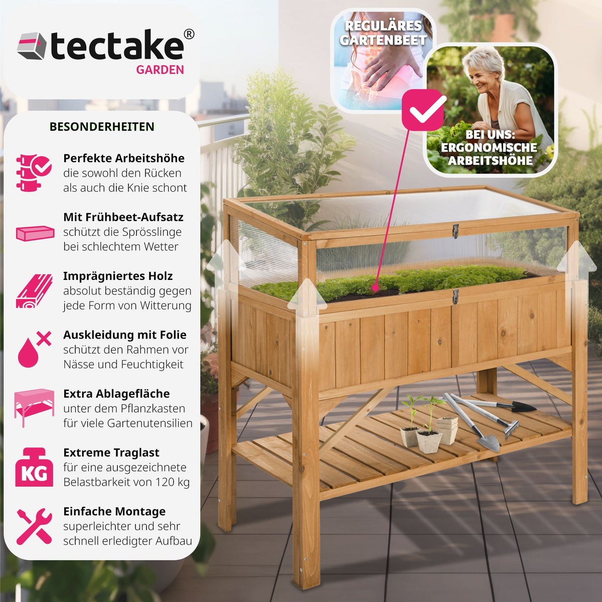 tectake houten verhoogde tuinbak met plank en kweekbakbevestiging, 119 x 53 x 124 cm