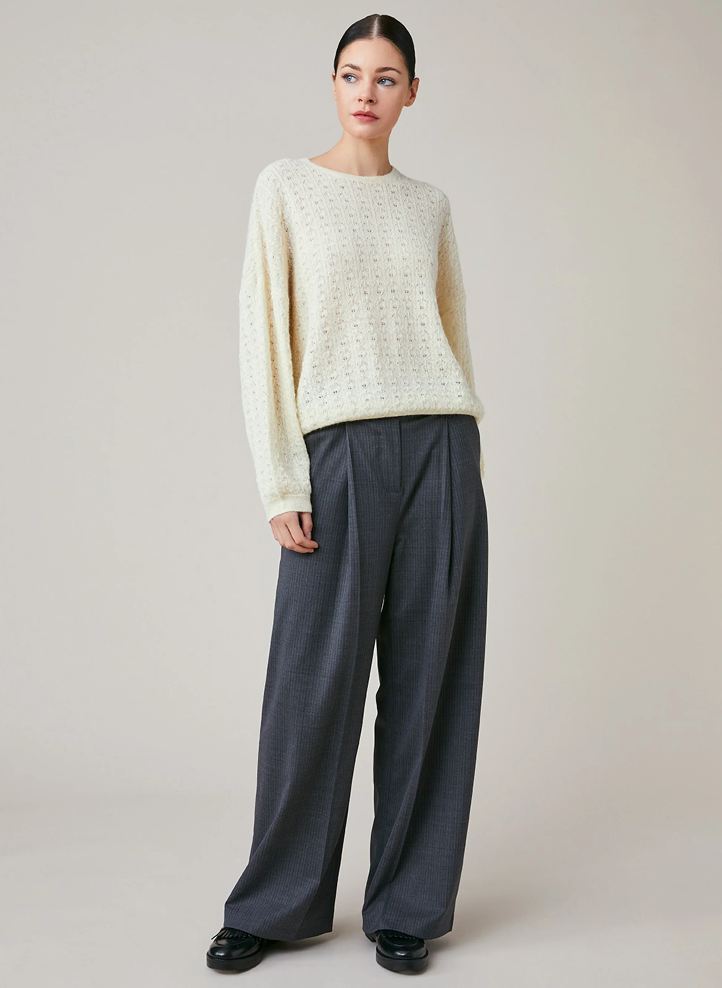 ERMENCE - Pull oversize col rond en alpaga mélangé | Blanc