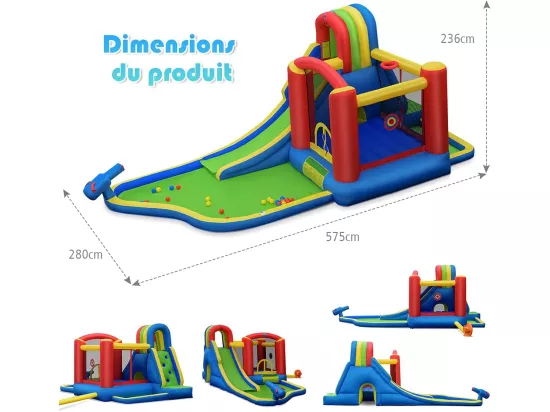 Château Gonflable avec Soufleur 450W, Aires de Jeux avec Toboggan, Mur d’Escalade, Trampoline&Canon Eau pour Enfant 3-10 Ans