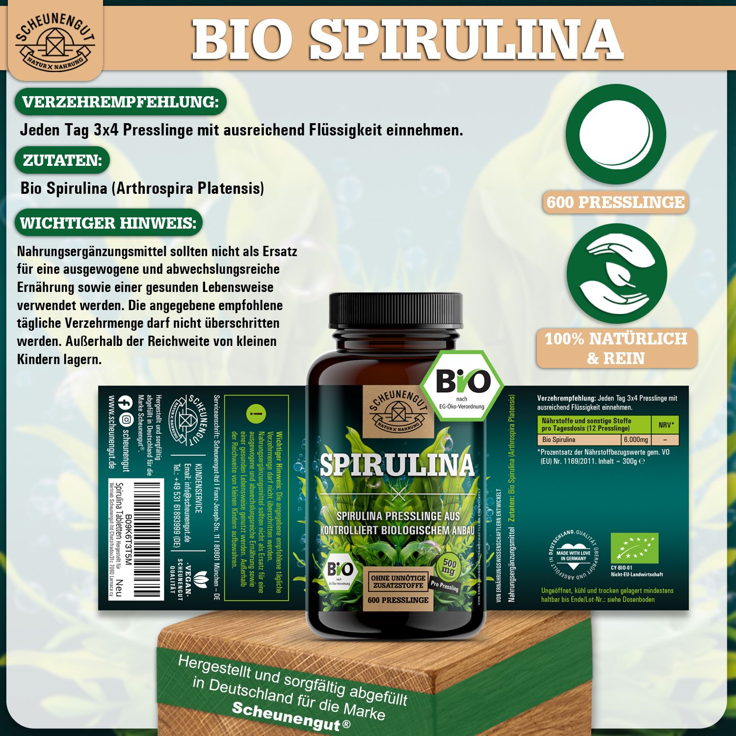 Scheunengut® Bio Spirulina Presslinge | 500mg pro Pressling | beste Qualität aus Darwin, Australien