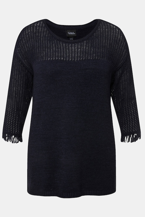 Pullover, Lochmuster, Rundhals, Fransen, 3/4-Arm