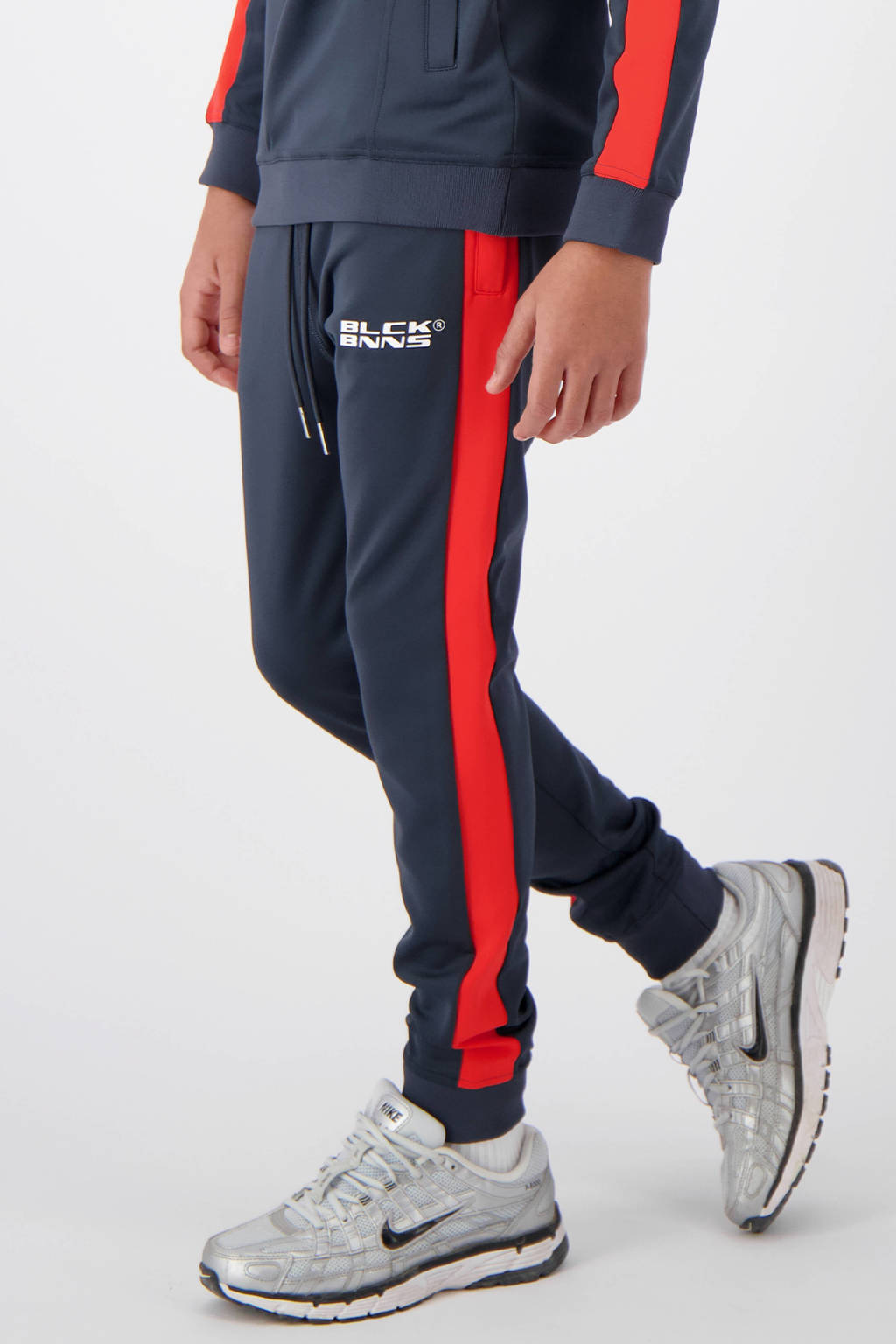 BLACK BANANAS regular fit joggingbroek JR. TRACE met zijstreep en borduursels donkergrijs/rood