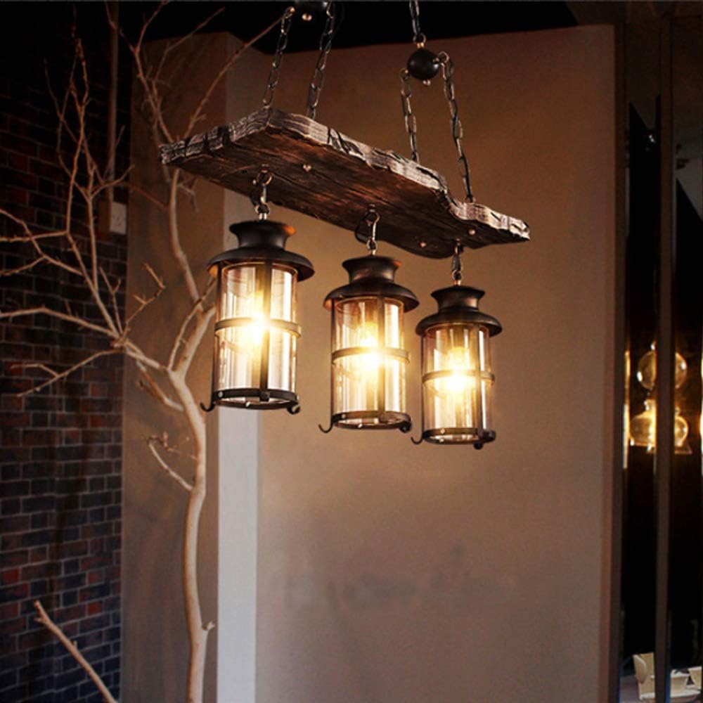 Vintage Pendellampe E27 Industrie Kronleuchter Vintage Holz Pendelleuchte Schwarz Eisen Glas Lampenschirm Höhenverstellbare Hängelampe 3 Flammen Beleuchtung Loft Esszimmer Wohnzimmer Bar Deko Lampe