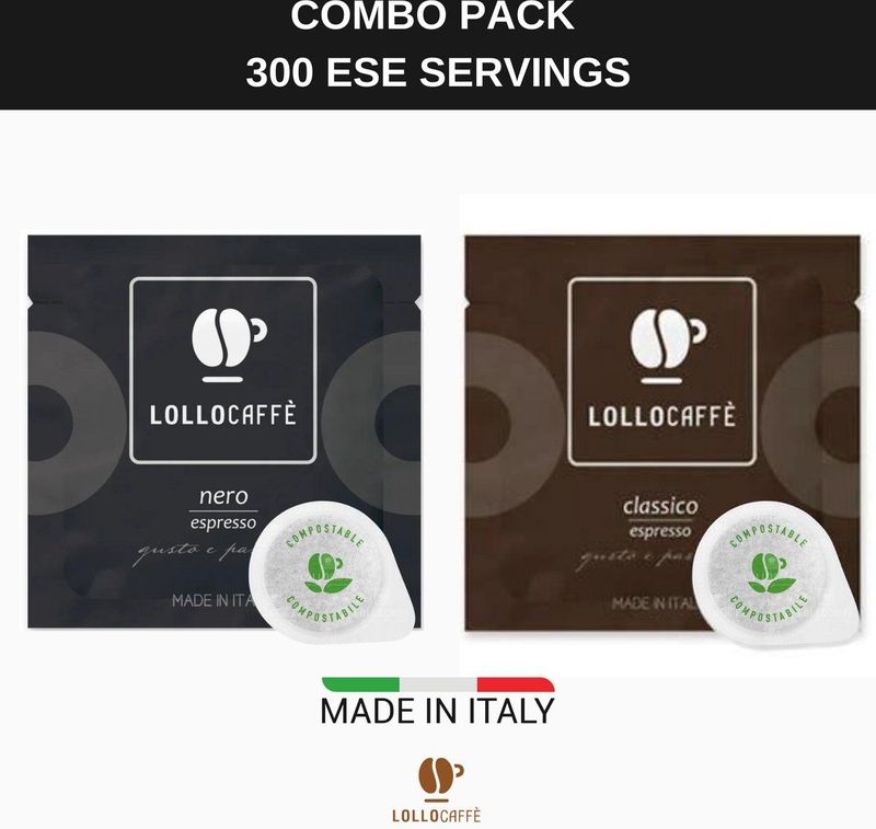Lollo Caffè Nero + Classico Combo Pack - ESE Koffiepads - 2 x 150 stuks - Napolitaanse gebrande koffie - E.S.E. Servings - Authentieke koffie Voor espresso liefhebbers