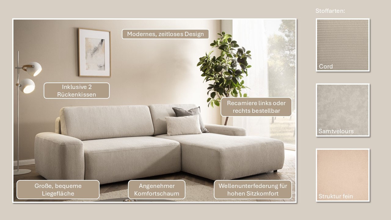 Home affaire Ecksofa »TORGE (264cm), Schlafsofa in Cord, Samtvelours o Struktur fein, L-Form« Schlaffunktion, Bettkasten, Liegefläche: 125/210 cm