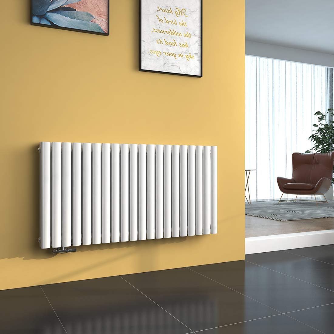 EMKE Oval Heizkörper Horizontal 600x1180mm, Design Röhrenheizkörper Doppellagig Moderne Heizkörper Paneelheizkörper mit Seitenanschluss Weiß 1828W