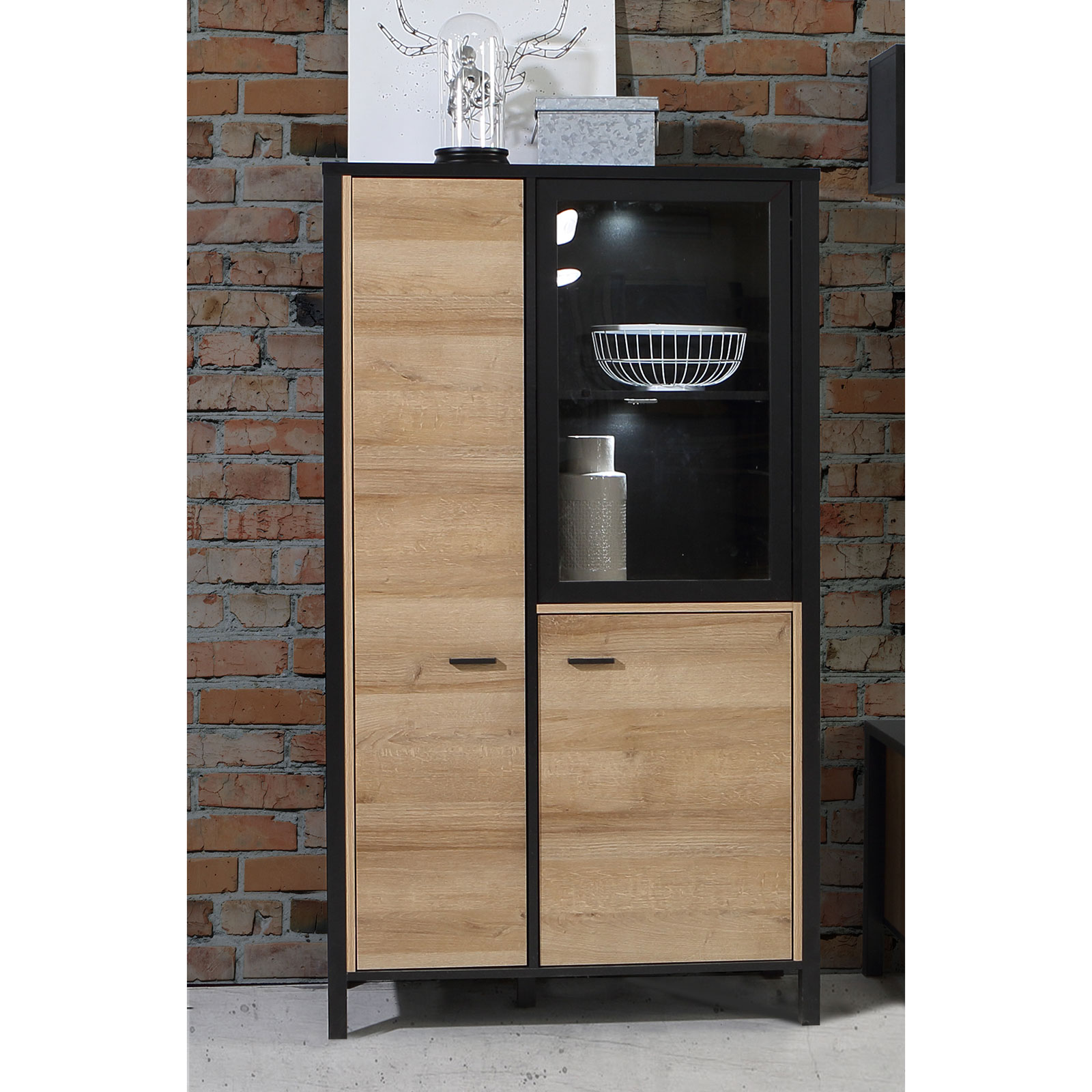 Highboardvitrine - Riveria Eiche - schwarz - 152 cm hoch