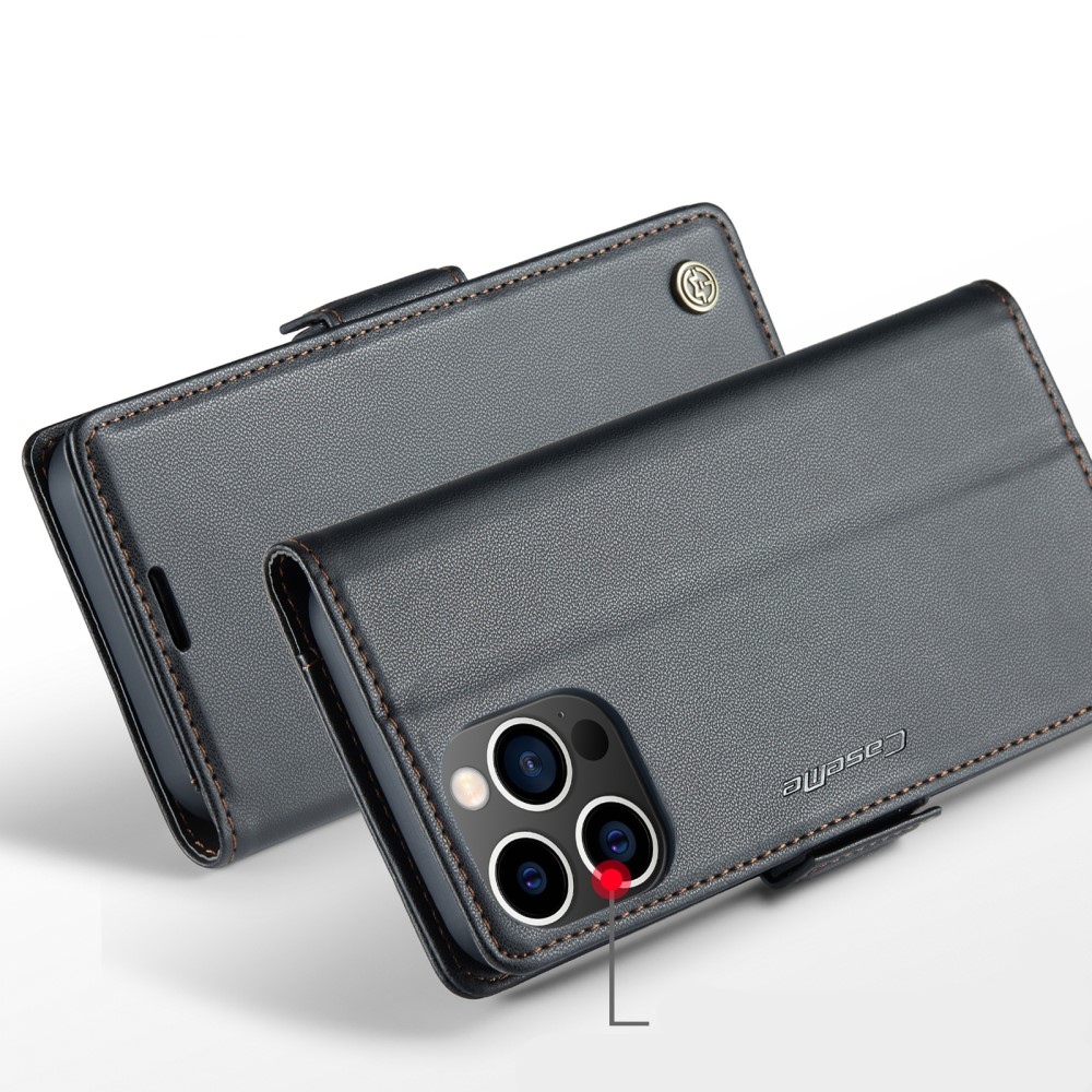 iPhone 15 Pro Leder Tasche Flip Wallet Etui mit Kartenfächern Litchi Look (RFID Schutz) - Schwarz