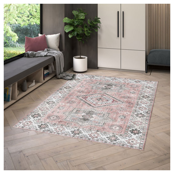 Tapis doux à motif oriental - taha - gris et rose - 120 x 160 cm