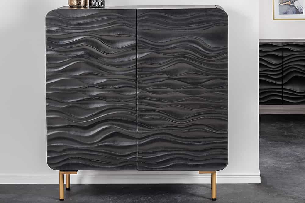 Design Highboard WAVE 120cm schwarz Mangoholz mit 3D Schnitzereien mattgold Metallbeine