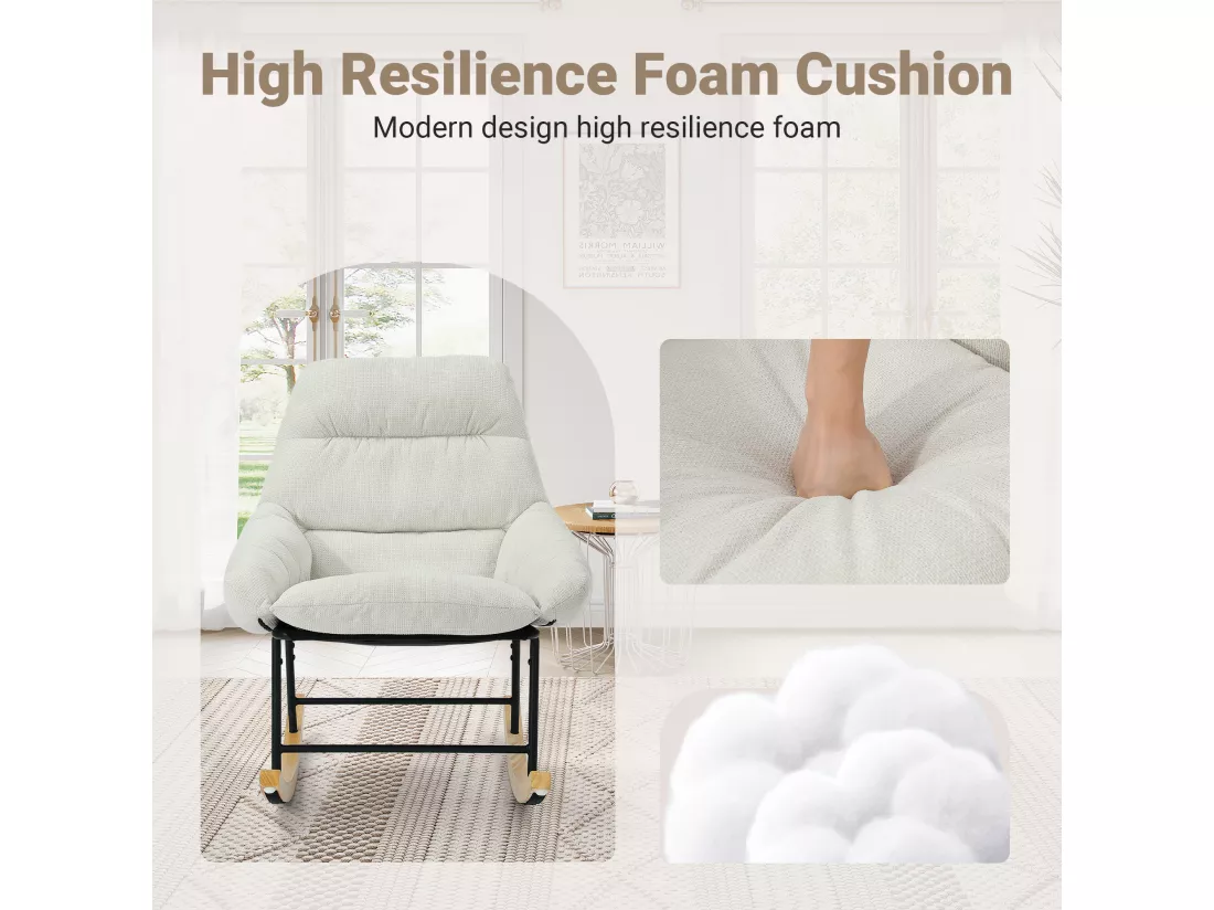 Fauteuil à bascule avec Coussin et pieds en bois massif, en tissu chenille Blanc cassé, Dossier inclinable, Profondeur d'assise 52cm