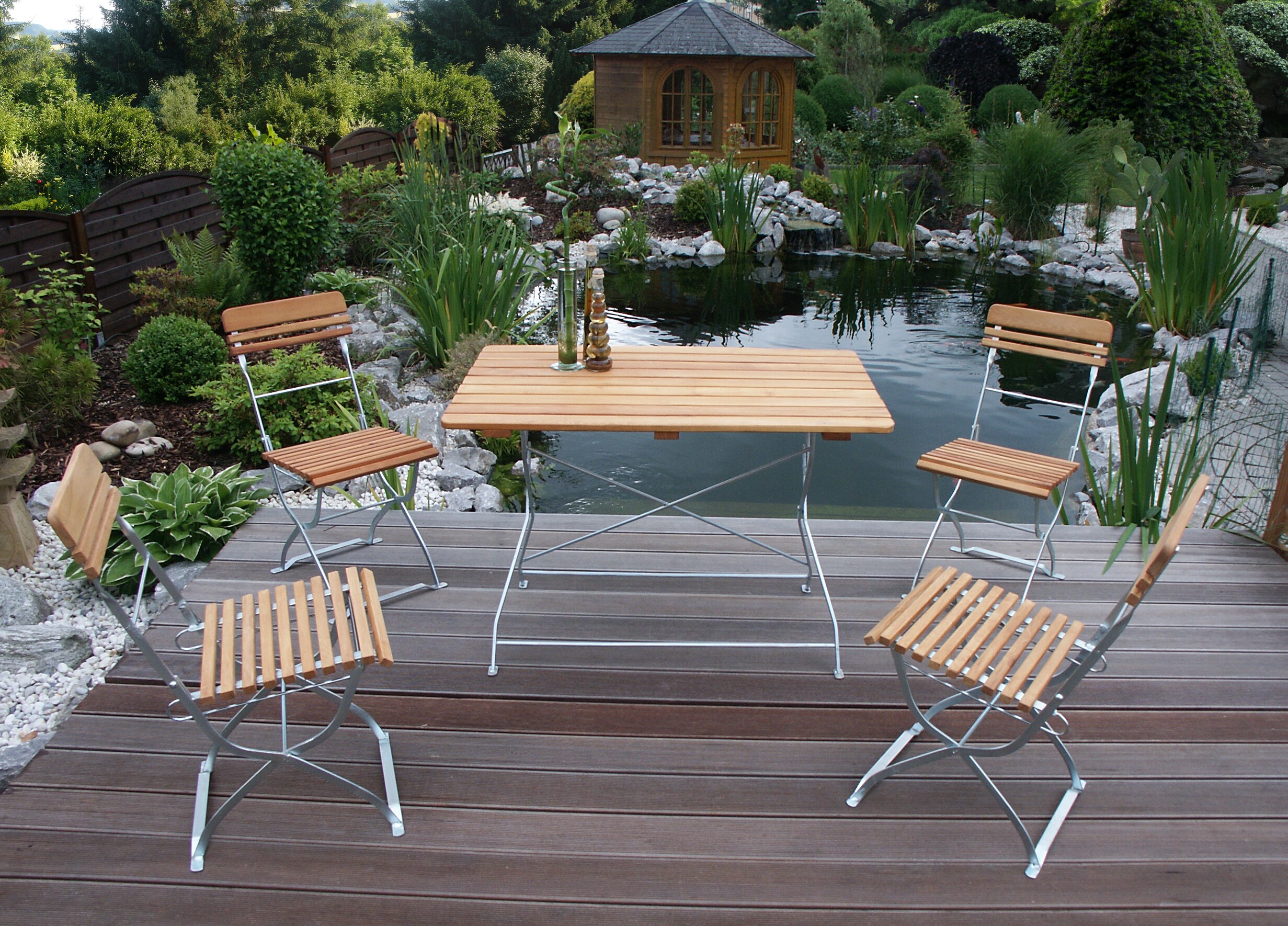 DEGAMO Biergarten - Garnitur MÜNCHEN 5-teilig (4x Stuhl, 1x Tisch 70x110cm), Flachstahl verzinkt + Robinie